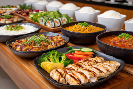 Grilled chicken, rice, curry, maki, and other delicious foods are sitting on a buffet table ready to be served to hungry guestsの素材