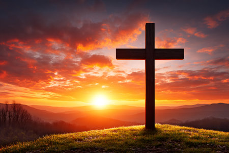 Wooden cross standing on a hilltop against a vibrant sunset, symbolizing Christian faith, hope, and redemptionの素材
