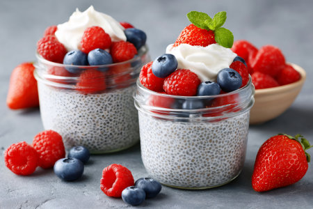 Chia seed pudding is served in glass jars and topped with whipped cream, raspberries, blueberries, strawberries, and mintの素材