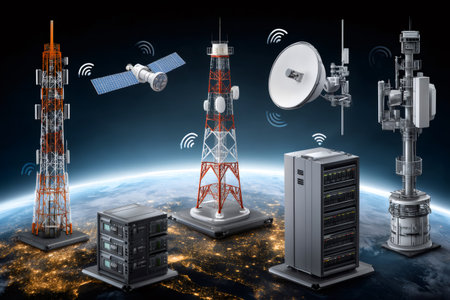 Global communication infrastructure with antennas, satellites, and servers transmitting data, ensuring worldwide connectivityの素材
