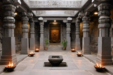 Stone columns and burning oil lamps create a tranquil atmosphere within a temple's intricately carved interiorの素材