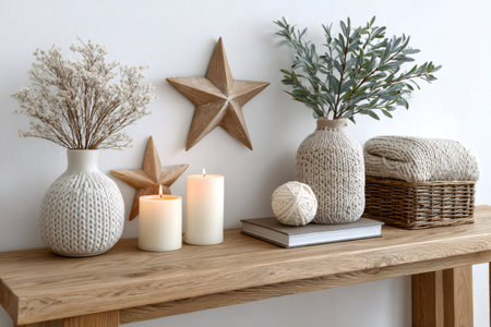 Stylish home decor elements on a wooden console table creating a warm and inviting atmosphereの素材