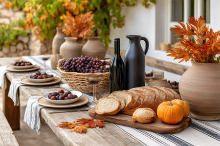 Rustic autumn table setting with bread, grapes, pumpkins, and ceramic vases on a wooden table outdoorsの素材