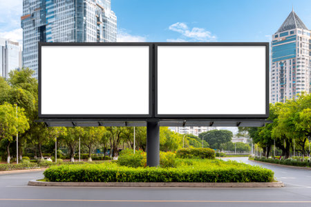 Two blank billboards standing tall by the roadside, presenting a perfect canvas against a backdrop of urban architecture and lush greeneryの素材