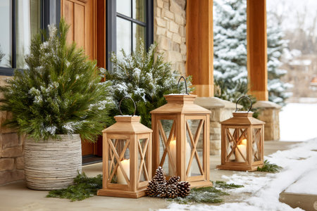 Wooden lanterns with lit candles creating a warm and inviting atmosphere on a snowy front porch, decorated with pine trees and pinecones for Christmasの素材