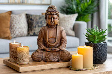 Wooden buddha statue surrounded by lit candles and a succulent plant, promoting tranquility and mindfulness in a contemporary homeの素材