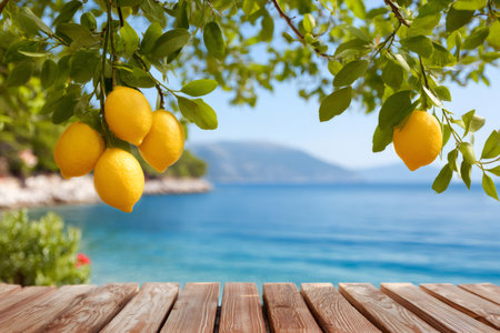 Fresh lemons growing on a tree branch overlooking a tranquil blue sea, creating a refreshing summer sceneの素材