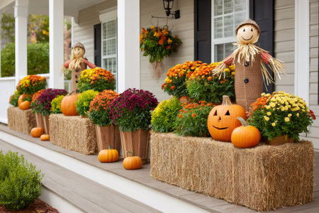 Festive autumn decorations adorn a porch, creating a welcoming sceneの素材