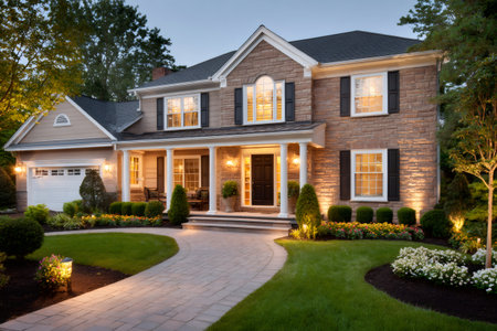 Single family home exterior with landscaped yard and lights at duskの素材