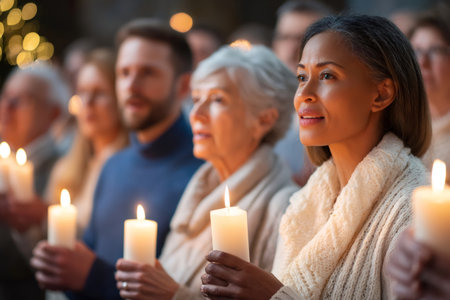 Congregation holding candles celebrating Christmas Eve in churchの素材