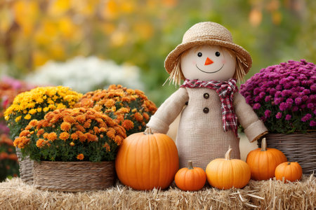 Fall decoration with smiling scarecrow, pumpkins and colorful chrysanthemum flowers on a hay baleの素材