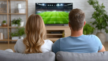 Rear view of man and woman sitting on sofa and watching football match on TVの素材