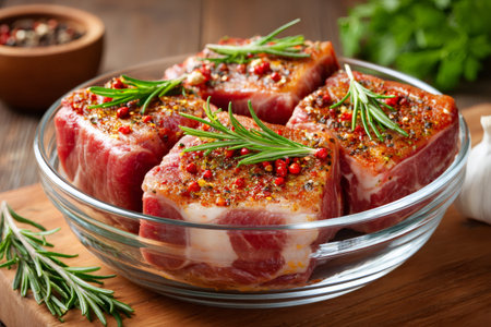 Pieces of raw pork neck seasoned with spices and rosemary in a glass bowl, ready for roastingの素材