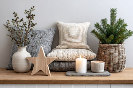 Cozy christmas interior decor with burning candles, knitted cushions, wooden star, fir tree branches in wicker basket and dry twigs in ceramic vaseの素材