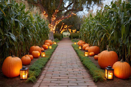 Brick pathway lined with pumpkins and lanterns, illuminated by string lights, evokes a festive fall atmosphereの素材