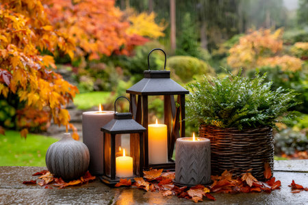 Lighted candles and lanterns create a warm and inviting atmosphere on a rainy autumn day, surrounded by fall foliageの素材