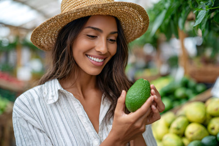 Happy woman choosing fresh avocado at farmers market, enjoying healthy lifestyleの素材