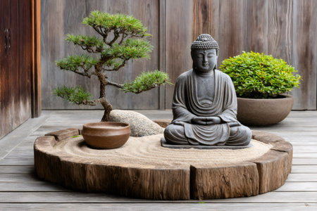 Stone buddha statue meditating in a miniature zen garden, promoting peace and tranquilityの素材