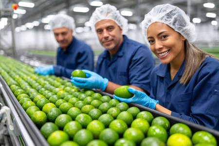 Latin American workers wearing hairnets and gloves inspecting limes on conveyor belt in food processing factoryの素材