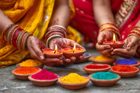 Indian women holding traditional diya oil lamps during Diwali festival celebrations surrounded by colorful powdersの素材