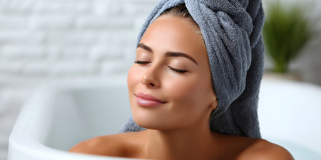 Young woman enjoying a relaxing bath with a towel wrapped around her hairの素材