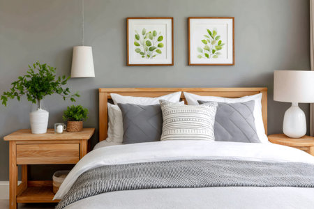 Stylish and cozy bedroom showcasing modern interior design with wooden furniture, gray walls, and botanical artwork, creating a relaxing and tranquil atmosphereの素材