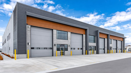 Contemporary warehouse building featuring loading docks, representing industrial architecture and functionalityの素材
