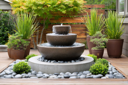 Water gracefully flowing down a tiered fountain creates a soothing ambiance in a well-designed backyard gardenの素材