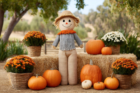 Festive autumn decoration featuring a scarecrow, pumpkins, and flowers, creating a cheerful harvest sceneの素材