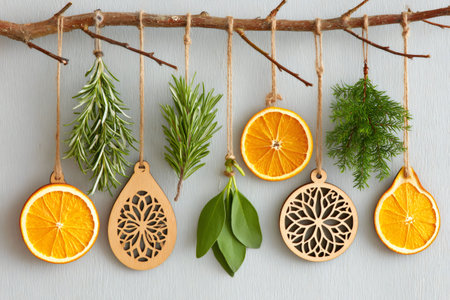 Zero waste christmas decoration hanging on a branch with dried orange slices, wooden ornaments, rosemary and cypress sprigsの素材