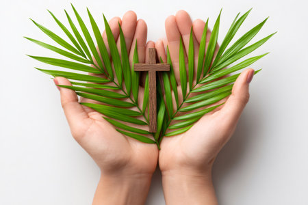 Christian woman holding wooden cross with palm leaf, celebrating Palm Sunday or Easterの素材