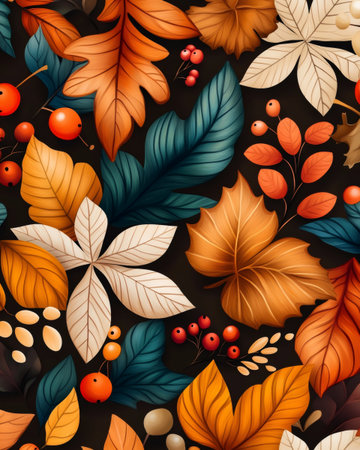 Warm toned autumn leaves and berries form a beautiful, seamless pattern, perfect for fall themed designsの素材