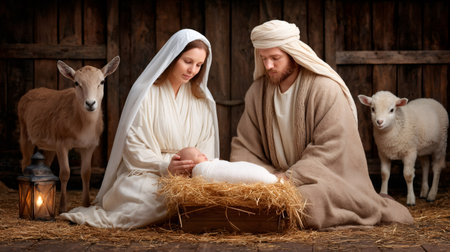 Nativity scene recreating jesus christ birth with mary and joseph in stable with lamb and kidの素材