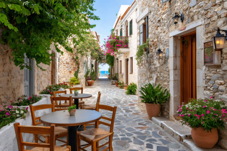 Wooden chairs and tables invitingly placed outside a cafe in a quaint alley adorned with vibrant flowers, with the Aegean sea shimmering in the distanceの素材