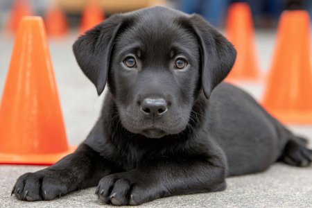 Adorable black labrador retriever puppy resting on the floor near orange cones during trainingの素材