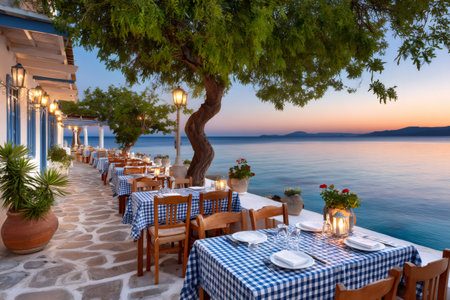 Outdoor restaurant tables with checkered blue and white tablecloth at sunset by the seaの素材