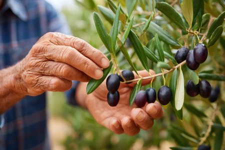 Farmer gently showing ripe black olives growing on a branch in an olive grove, ready for harvestの素材