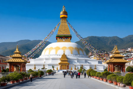 Boudhanath stupa, a unesco world heritage site, stands majestically in kathmandu, nepal, adorned with colorful prayer flags, a symbol of buddhist devotionの素材