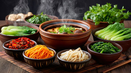 Steaming hot pot surrounded by fresh vegetables, noodles, and spices, ready for a delicious and healthy mealの素材