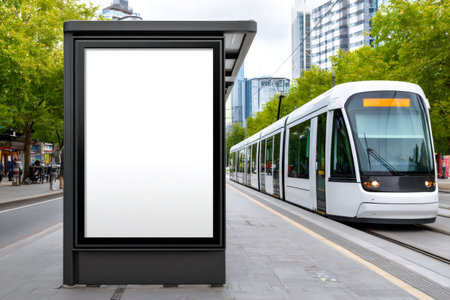 Modern tram arriving at a public transportation stop with a blank vertical billboardの素材