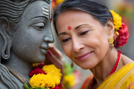 Close up of an Indian woman praying a shiva statue with flowers garlandの素材