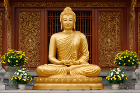 Golden buddha statue meditating serenely in a beautifully decorated temple, surrounded by vibrant flowers, creating a tranquil and spiritual atmosphereの素材