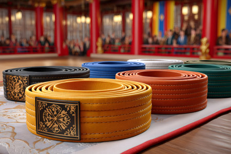 Rolled martial arts belts of different colors lying on a table in a dojoの素材