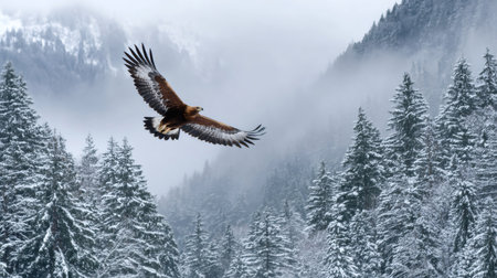 Golden eagle flying over a snowy forest in the mountainsの素材