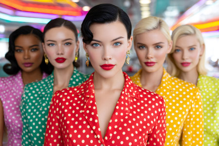 Five fashion models posing in a brightly lit diner, wearing colorful polka dot dressesの素材
