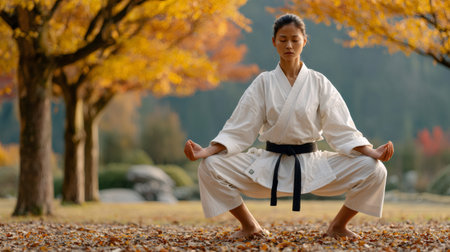 Female martial artist meditating in a park during autumn, finding inner peace amidst nature's beautyの素材