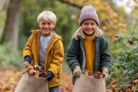 Smiling children carrying bags of fall leaves while working together outdoorsの素材