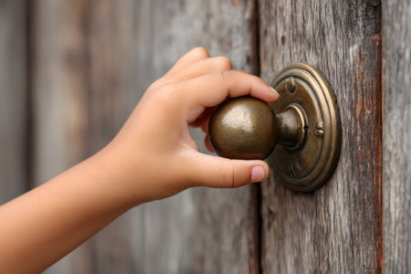 Young hand turning an antique brass door knobの素材