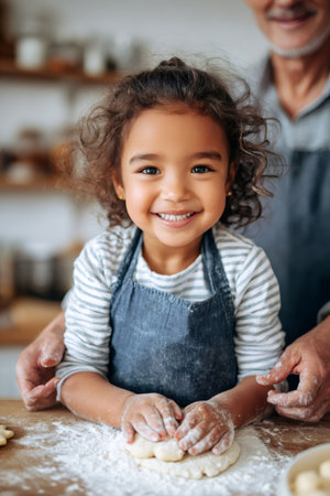 Smiling girl kneading dough, learning to bake with grandfather in kitchen, family cookingの素材