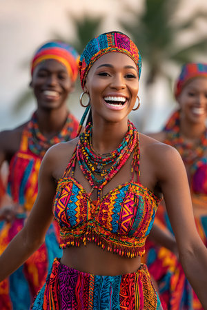 Joyful dancer wearing vibrant traditional costume, showcasing the rich culture and heritage of the Caribbean islandsの素材